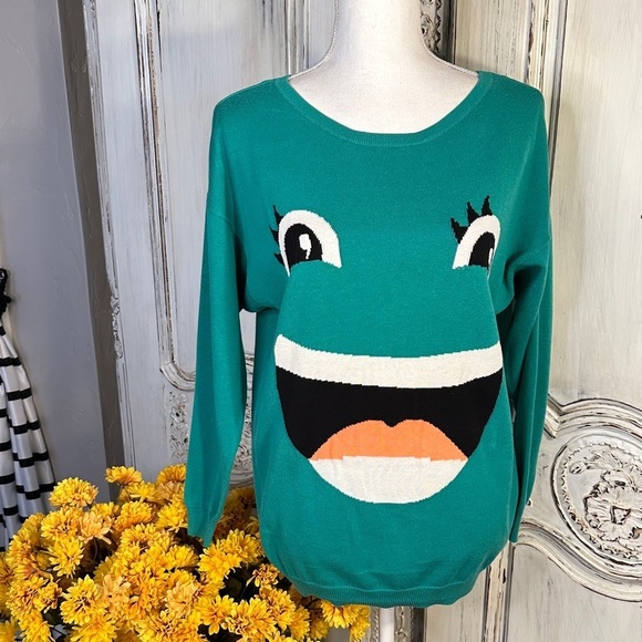 Divided Sweaters - Y2K Teal Face Graphic Long Sleeves Sweater